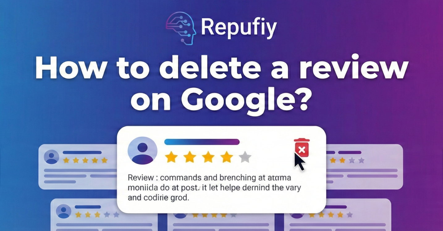 Grafik von Repufiy, die visualisiert, wie man eine Google Bewertung löscht. Ein Mauszeiger klickt auf das rote Mülleimer-Symbol einer Rezensionskarte, um das Entfernen einer Bewertung zu demonstrieren.